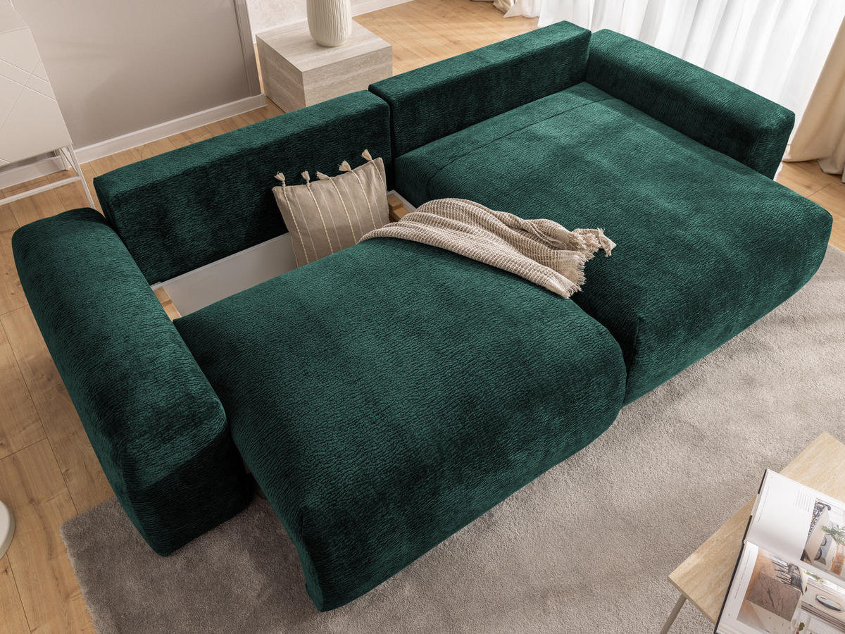 ECKSOFA Puffy mit Schlaffunktion und Bettkasten - besonders weich und puffig aus Grün Stoff mit Chenillestruktur - Ottomane rechts - Schwarz/Grün, Holz/Kunststoff (266/138cm) - S-Style Möbel