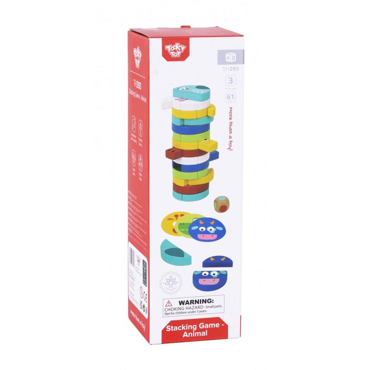 TOOKY TOY Stapelturm TH293 Höhe 25 cm bunt 61-teilig, 45 Tierblöcke, Würfel, 15 Karten, Motorik, ab 36 Monaten - Multicolor, Holz (7/25/7cm) - Tooky Toy