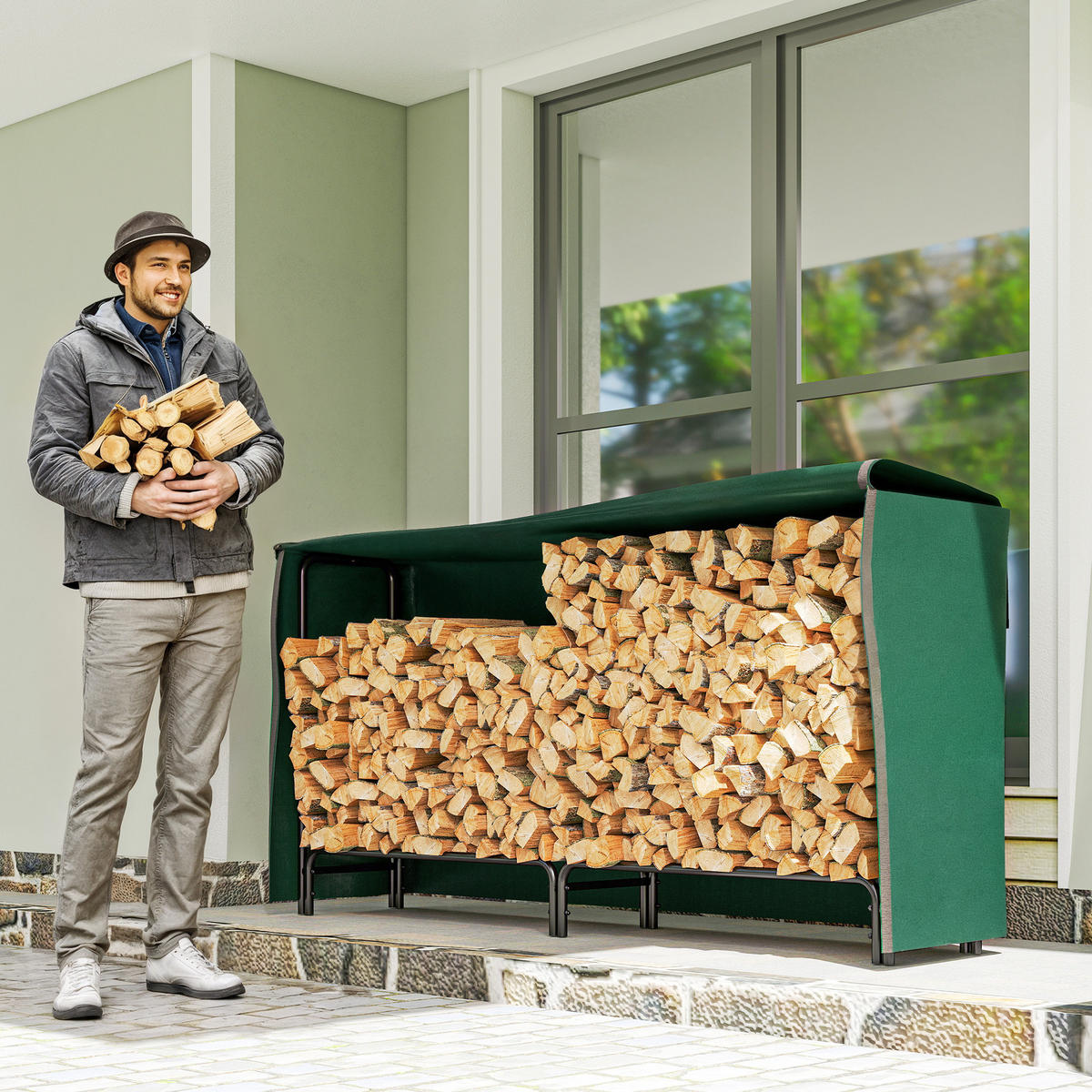 KAMINHOLZREGAL bis 200 kg - Schwarz, Metall (36/99/200cm) - Outsunny