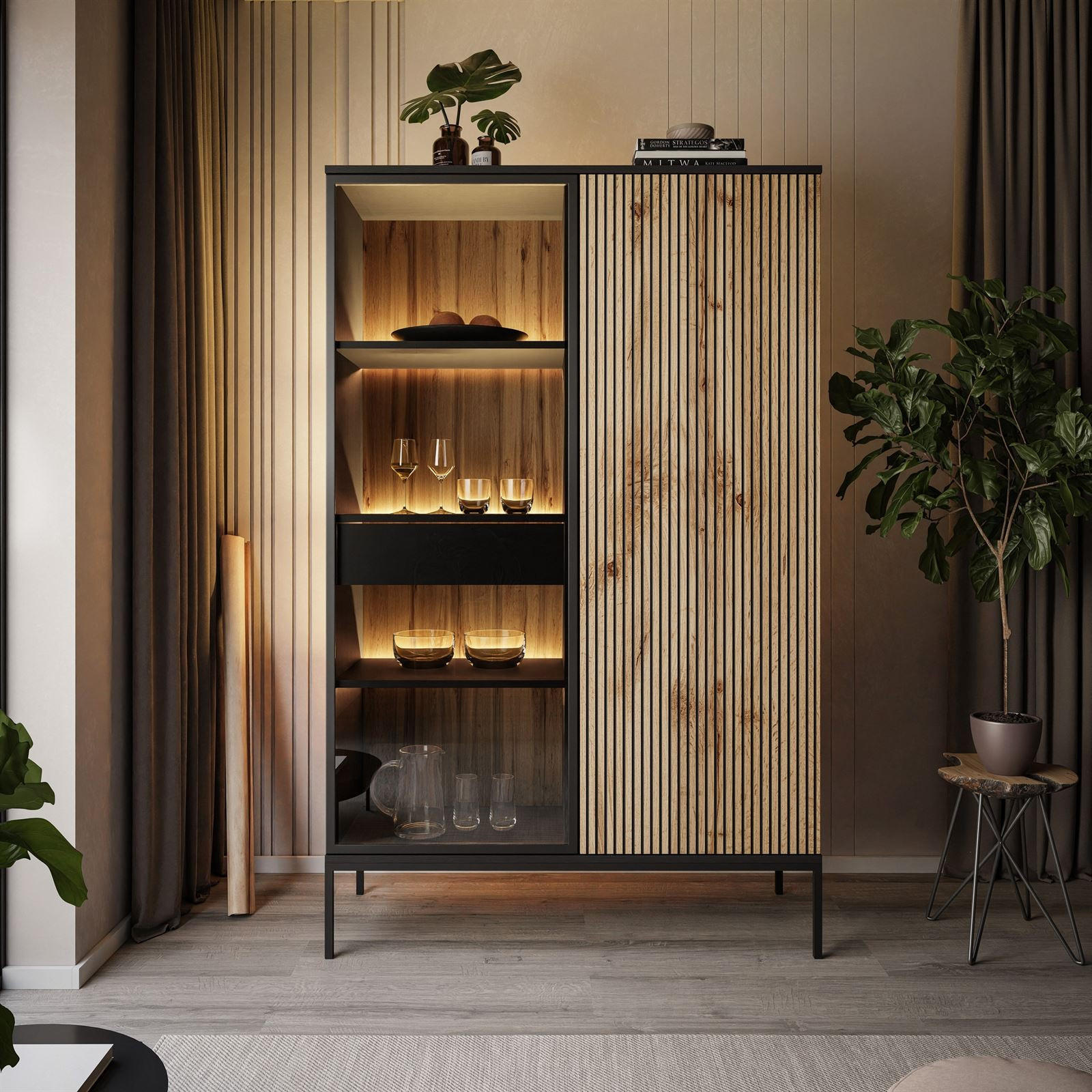 HOHE Vitrine ECLIPSE WTSZ104 mit Beleuchtung,Schwarz Eiche Wotan - Eiche Wotan, Holzwerkstoff (104/166/39cm) - Lookway