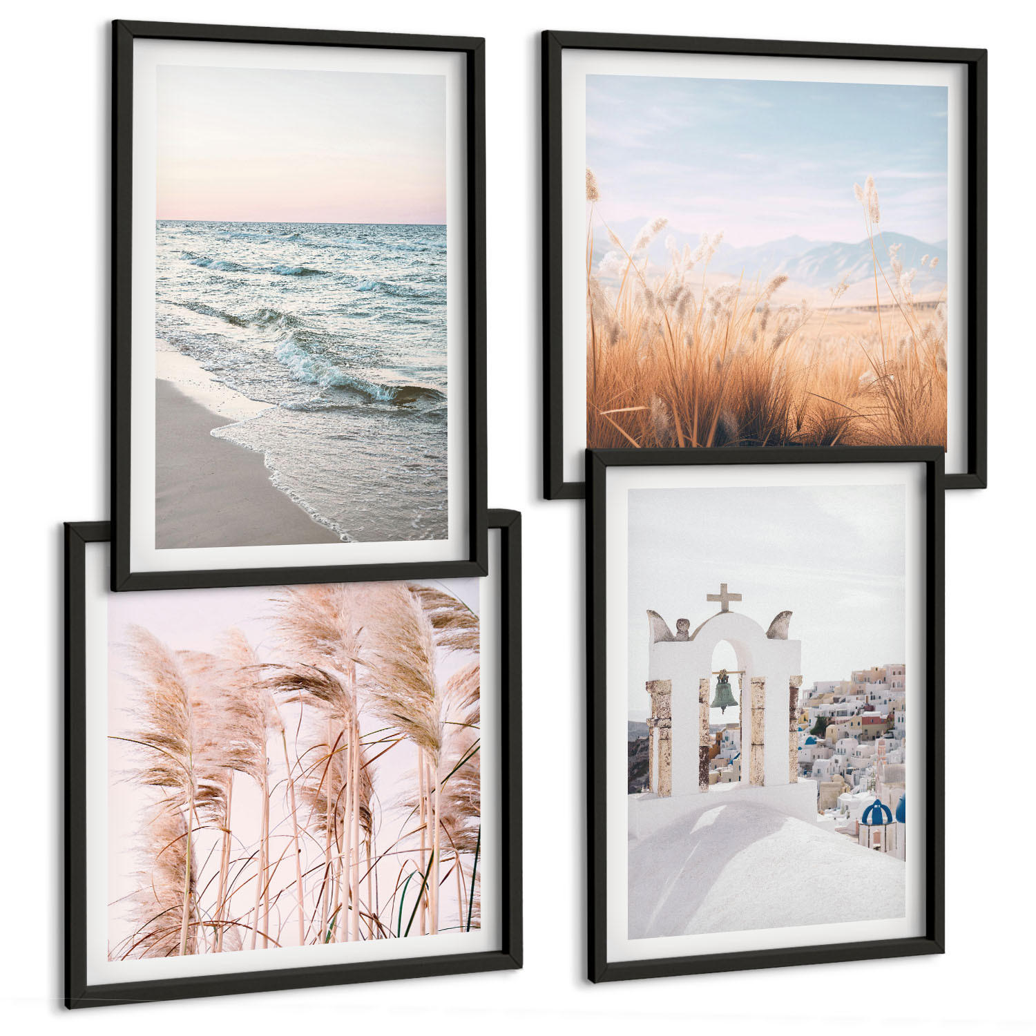 BILDER SET 4er Set - 50x50 cm & 40x60 cm Schwarzer Rahmen - Pflanzen, Meereswellen, Aussicht, Häuser - Schwarz, Kunststoff (50/50cm) - TULUP