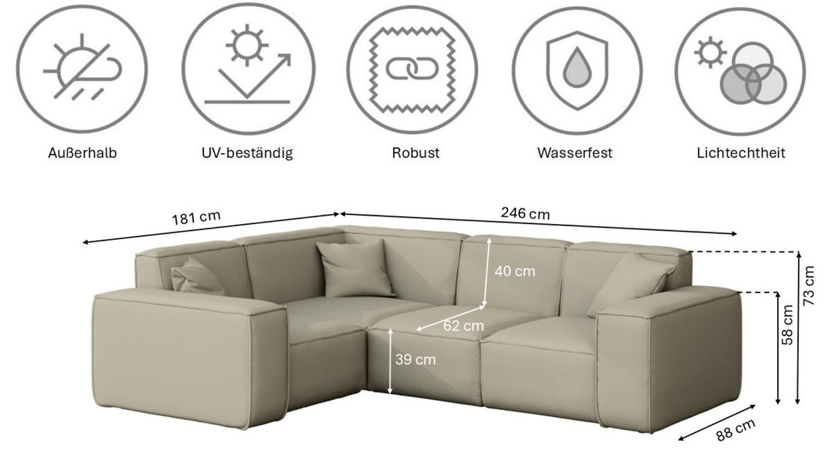GARTENECKSOFA L-form MALIBU Stoff Odyssey Dunkelbeige Links - Beige, Holz (181/73/246cm) - Kaiser Möbel