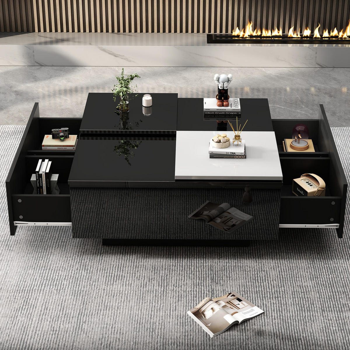 COUCHTISCH 75x75cm Schwarz Hochglanz Quadratisch Weiß Einschiebeplatte 30kg - Weiß, Holz (85.85/85.85/13.97cm) - FLIEKS