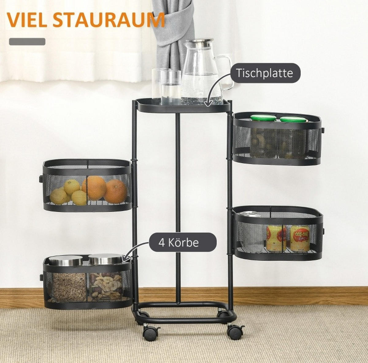 SERVIERWAGEN 33/33/77 cm mit 4 Ebenen, Rollen und oberer Ablage aus Stahl, Schwarz - Schwarz, Metall (33/77/33cm) - Redom
