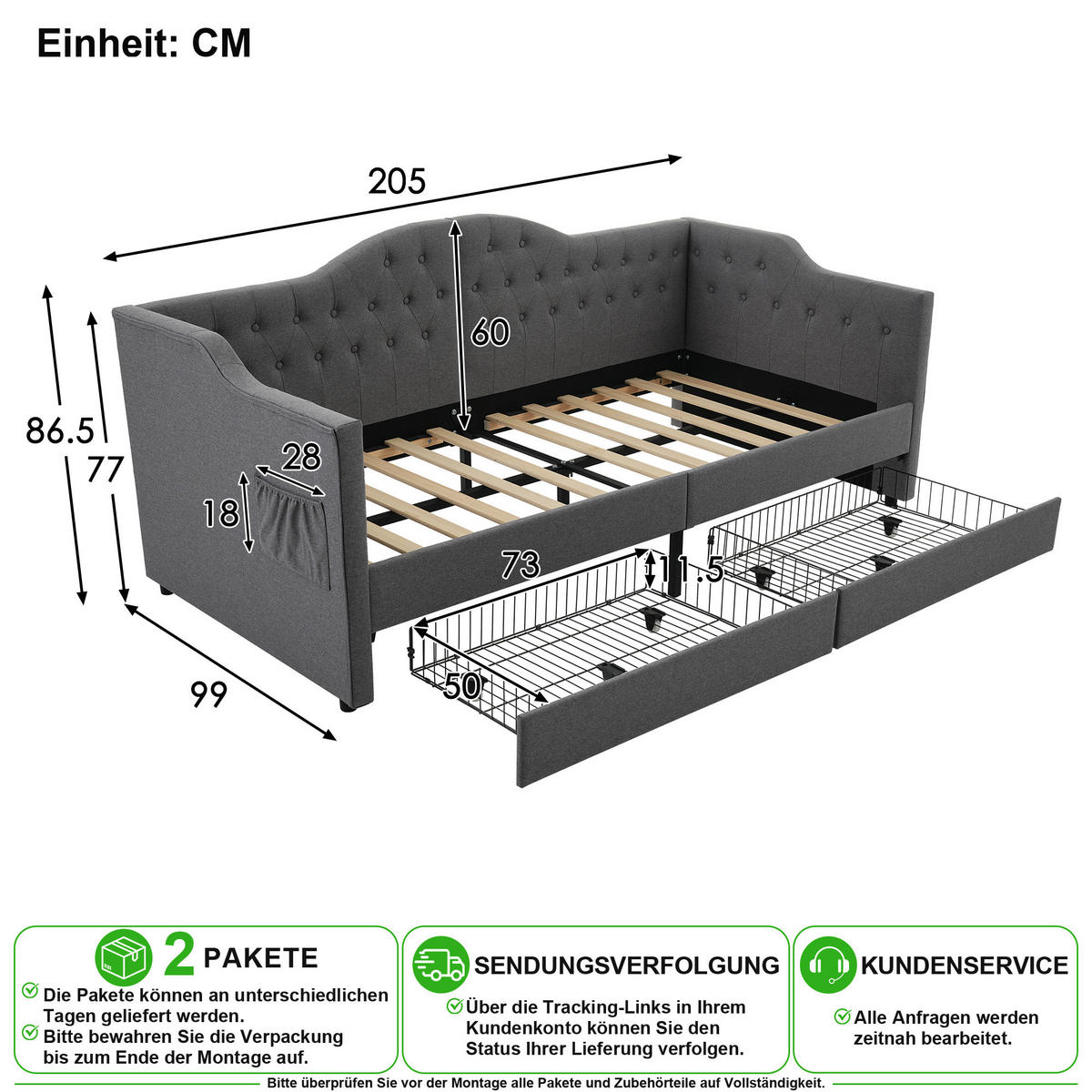 ČALOUNĚNÁ POSTEL 90/190 cm v šedé barvě se 2 zásuvkami, USB a Type-C - šedá, kov/kompozitní dřevo (90/190cm) - CHICFURN