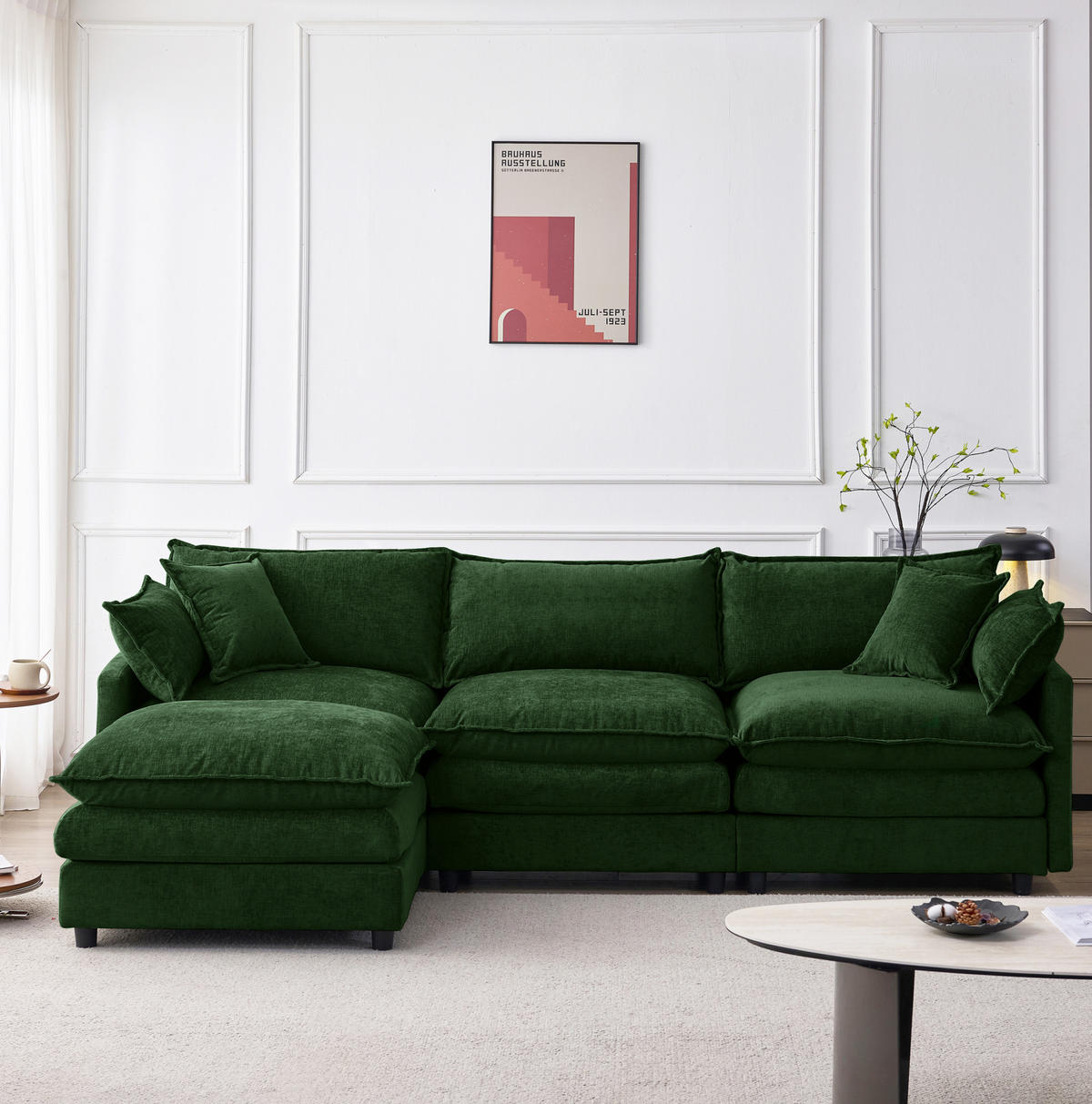 ECKSOFA mit Hocker, modulares 3-Sitzer-Sofa aus Chenille mit Federkern und Massivholzgestell, Grün - Grün, Textil (267/154cm) - Redom
