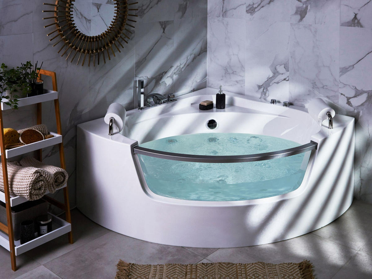 WHIRLPOOL-BADEWANNE mit LED 150x201x57 cm weiß Mangle - Weiß, Kunststoff (150/57/201cm) - Beliani