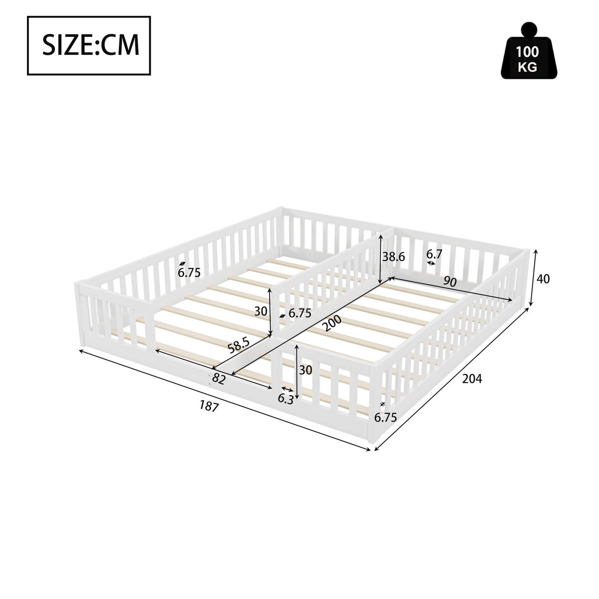 KINDERBETT 90/200 cm Weiß Paneelbett mit Geländer aus Kiefernholz - Weiß, Holz (90/200cm) - OKWISH