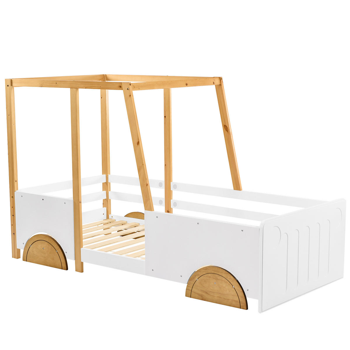 KINDERBETT 90/200 cm in Autoform mit Rundum-Schutz und MDF-Rädern, Weiß/Natur - Weiß, Holz (90/200cm) - Redom