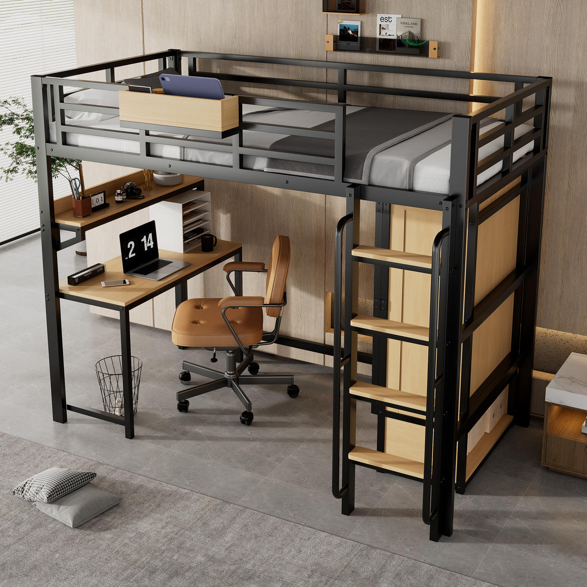 HOCHBETT aus Metall & Holz 90x200 cm in Schwarz mit Schreibtisch - Schwarz, Metall (90/200cm) - Modfu
