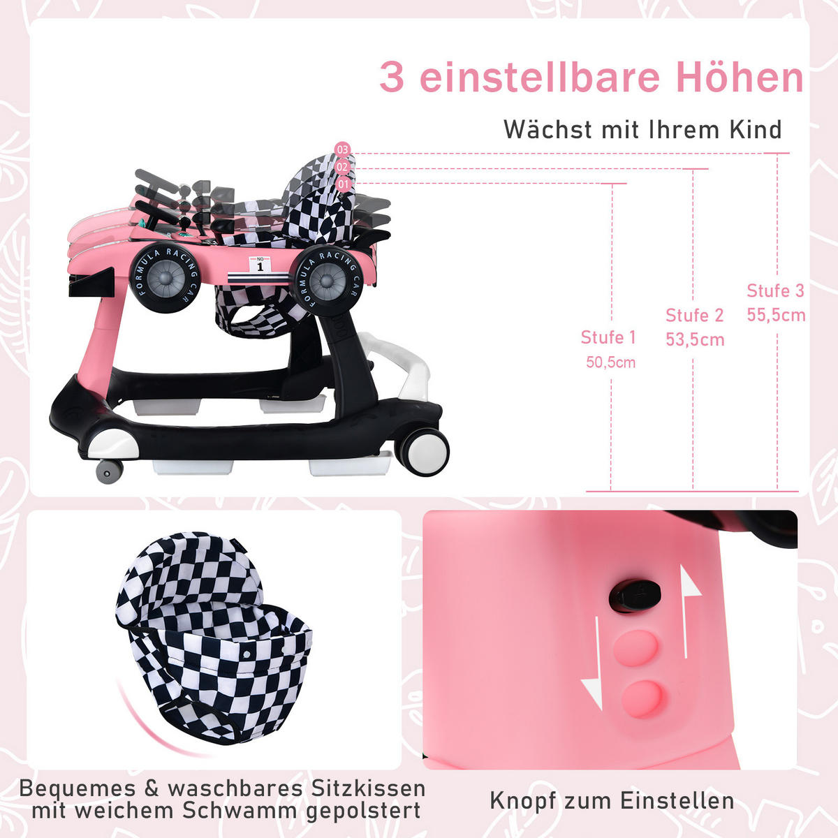 LAUFLERNWAGEN Pink - Pink, Kunststoff (64/56/73cm) - COSTWAY