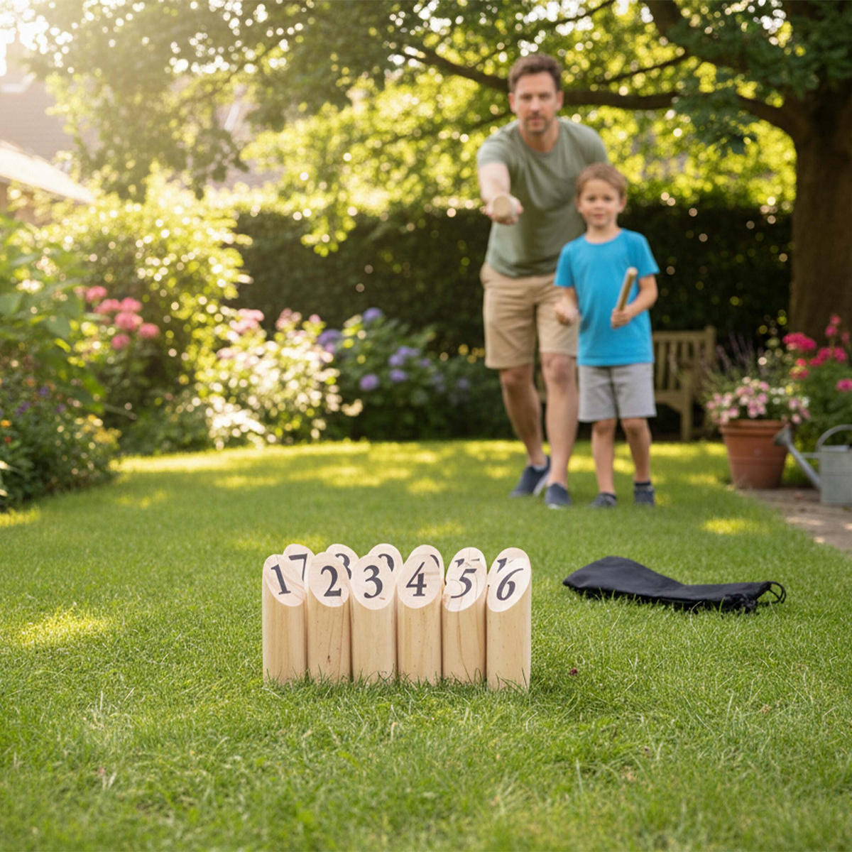 IGRA Prirodna Kubb od borovine 13-dijelna s torbom - svijetlo smeđa, drvo/tekstil (5/5cm) - Relaxdays