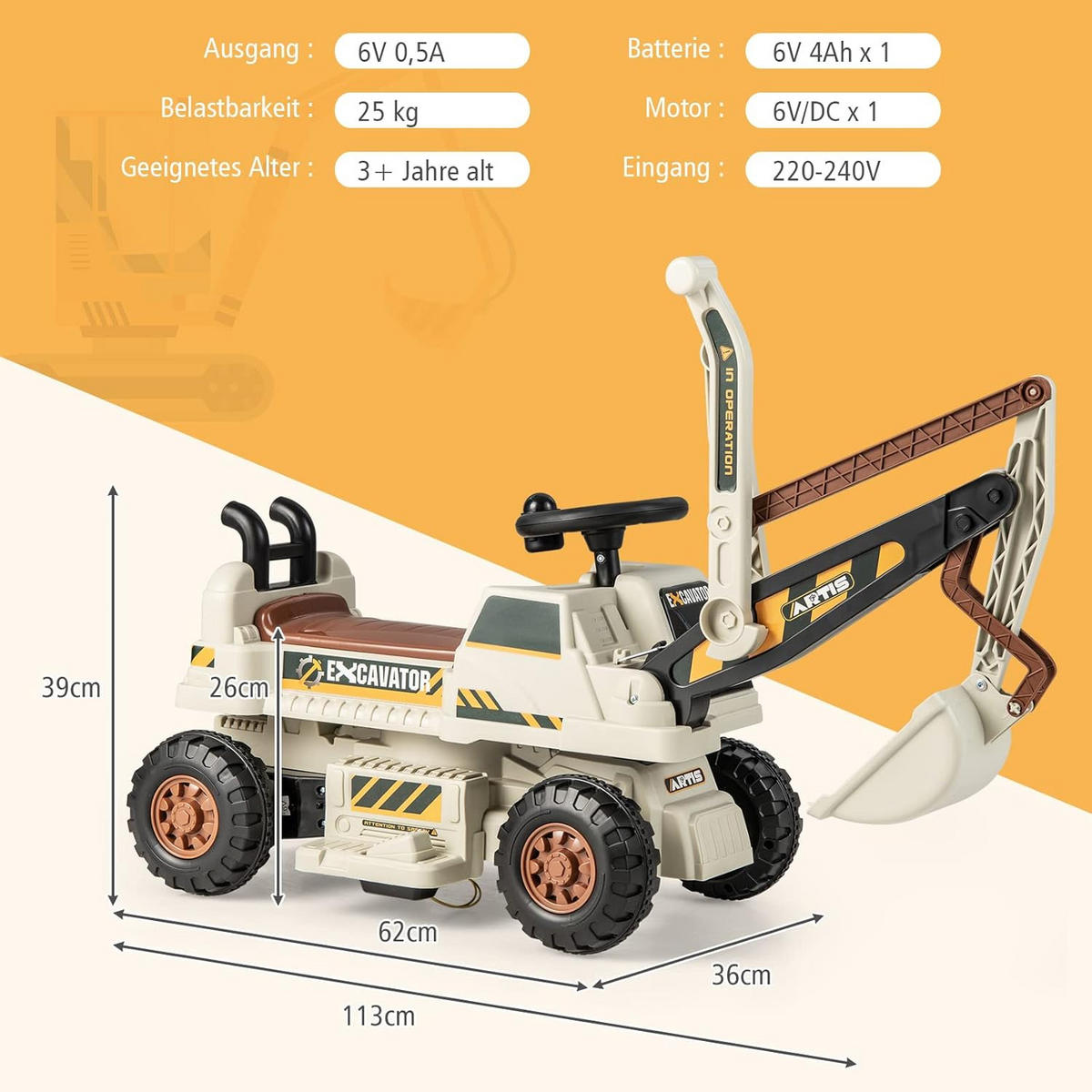 SITZBAGGER 6V Kinder Hellgrau - Hellgrau, Kunststoff (113/39/36cm) - COSTWAY