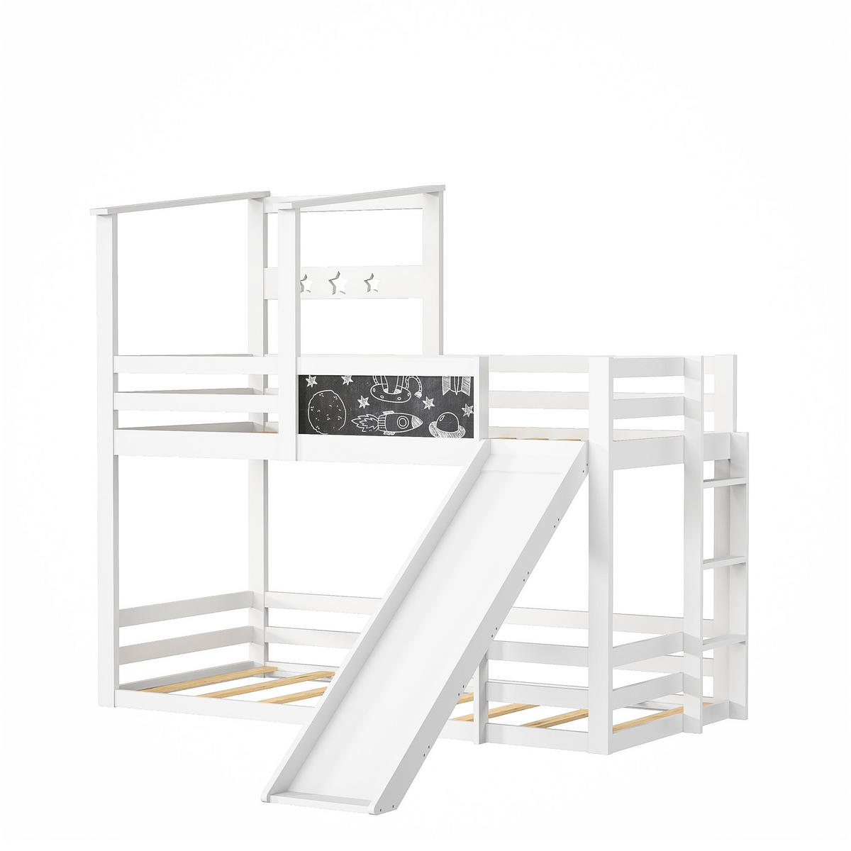 ETAGENBETT 90x200 cm Kinderbett mit Tafel, Rutsche & Stauraum - Weiß, Holz