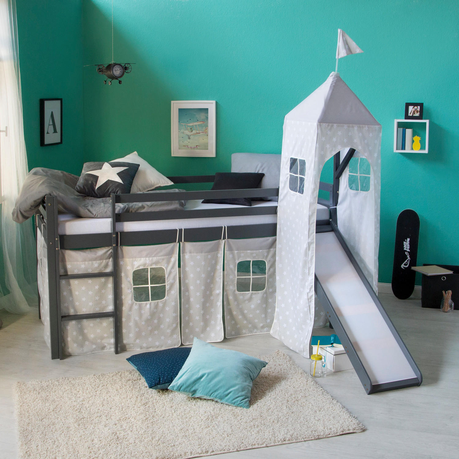 Homestyle4u Hochbett Grau 90x200 cm