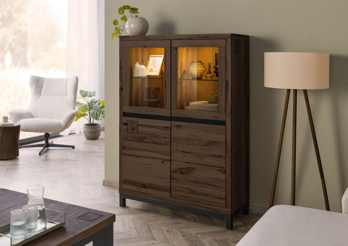 VITRINE Kernbuche 103x40x148 tabacco braun geölt VILLANDERS #202 - Dunkelbraun, Holz (103/148/40cm) - Massivmoebel24