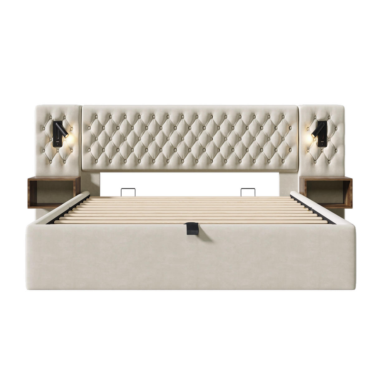 POLSTERBETT 180/200 cm Beige Hydraulisch Stauraumbett mit 2 Nachttischen und Leselicht - Beige, Textil (180/200cm) - OKWISH