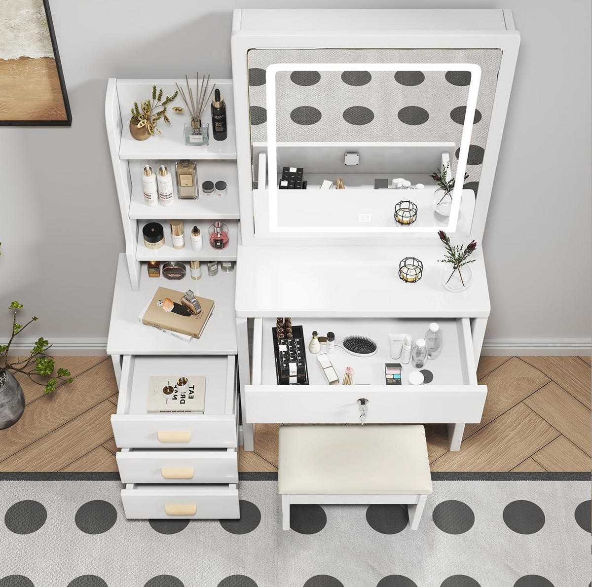 SCHMINKTISCH aus MDF 85x36x130 cm Weiß mit LED-Spiegel, Hocker und vielseitigem Stauraum - Weiß, Holzwerkstoff (85/130/36cm) - Modfu