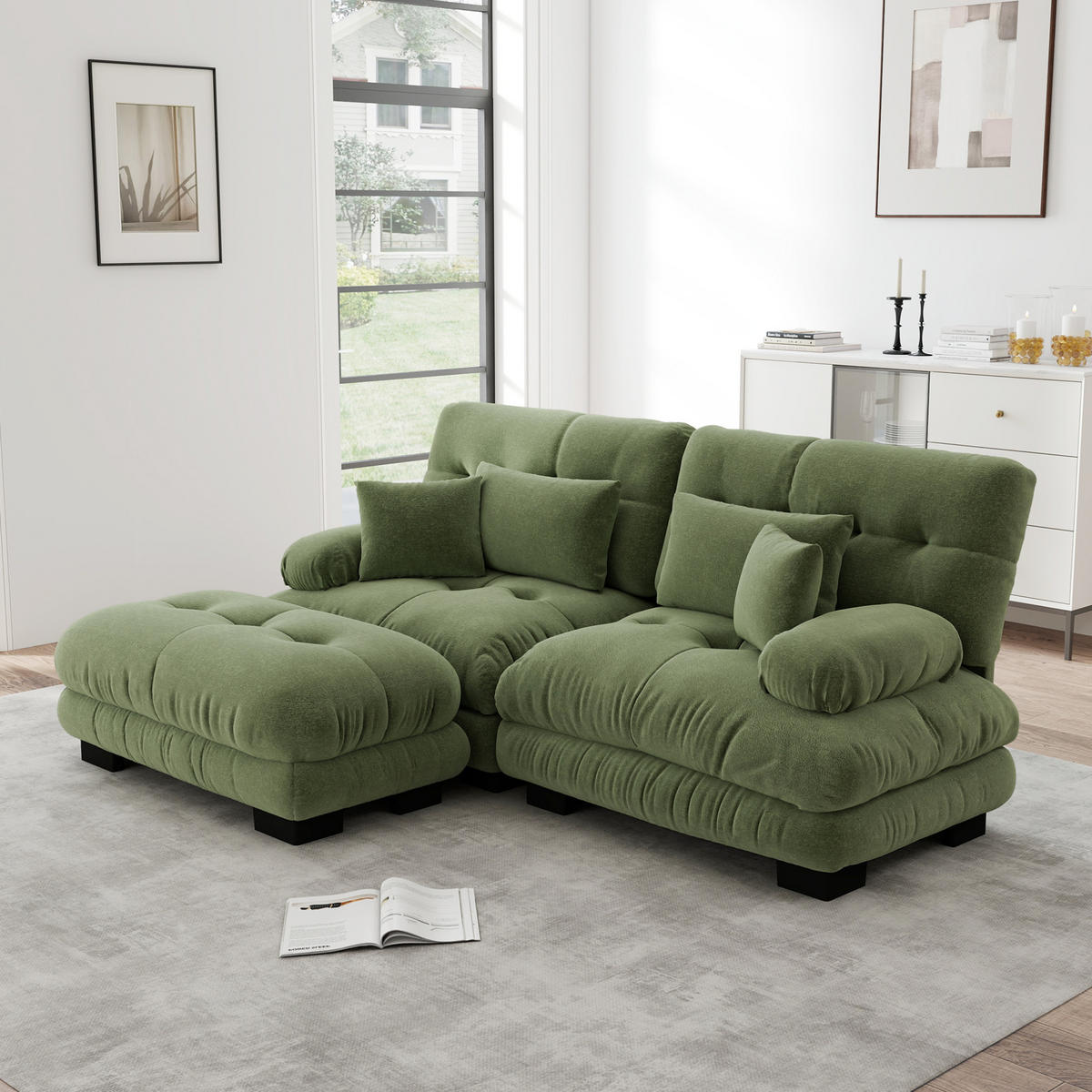 ECKSOFA 220/145/81 cm grün aus Chenille mit Ottomane und Kissen - Grün, Textil (145/220cm) - OKWISH