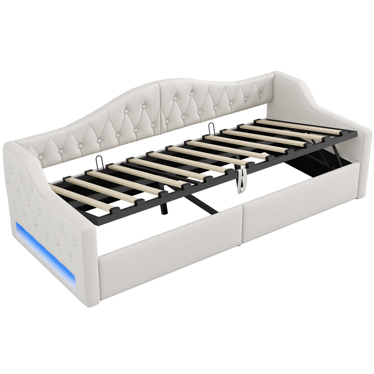 POLSTERBETT 90/200 cm aus MDF und Sperrholz mit Leinenbezug sowie LED USB Schreibtisch und 2 Schubladen Weiß - Weiß, Holzwerkstoff (90/200cm) - Modenvie
