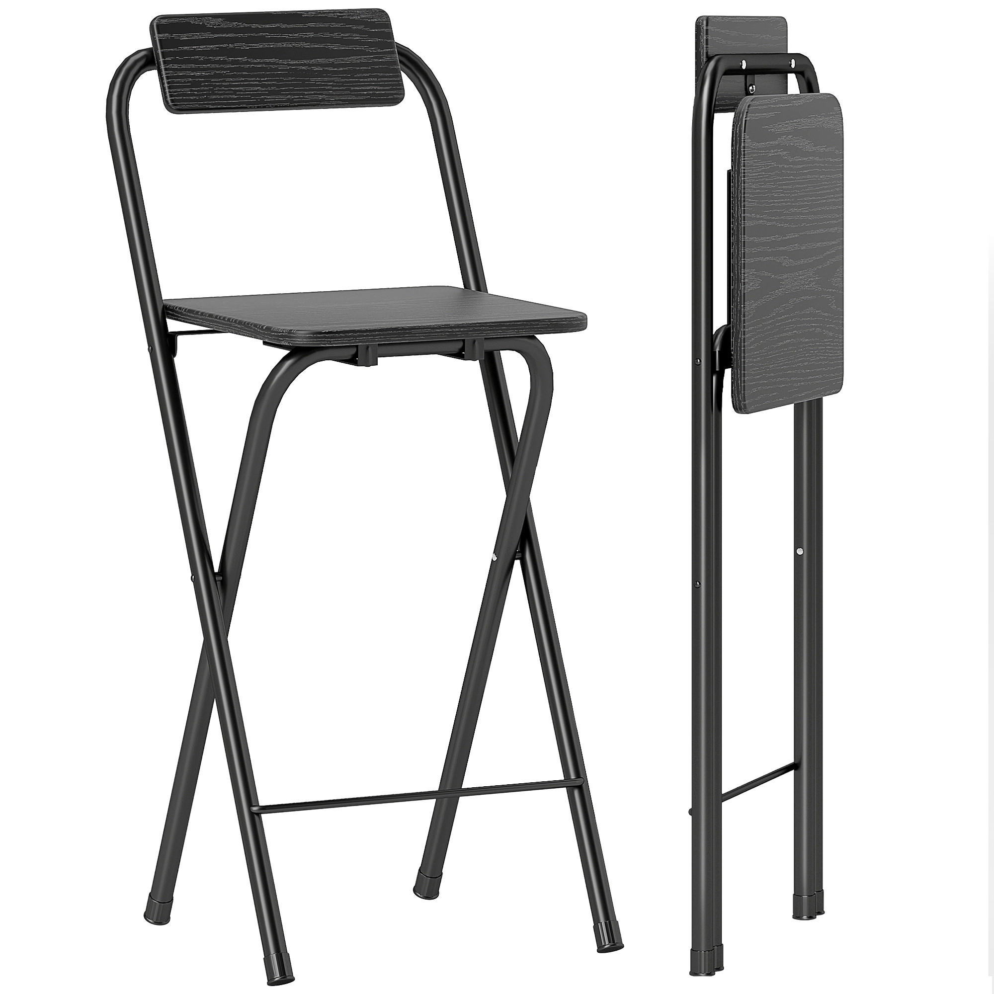 BARHOCKER 2er-Set DE-14767 klappbar mit Rückenlehne und Fußstütze Schwarz - Schwarz, Metall (37/87/45cm) - ComfortXL