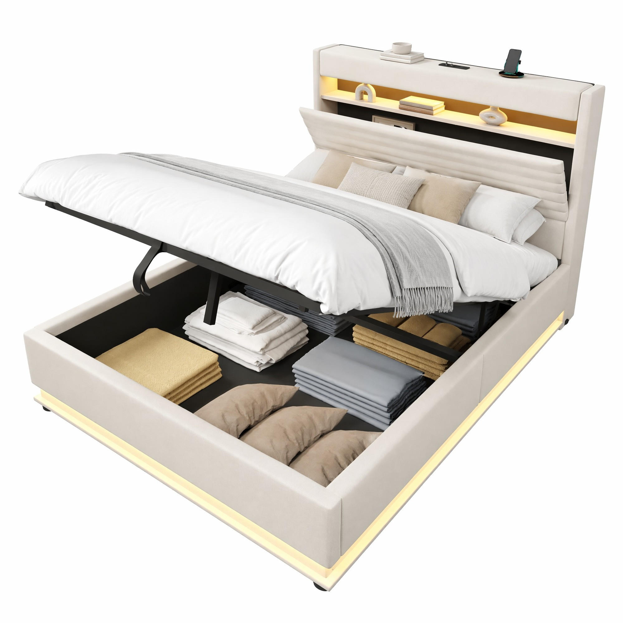 POLSTERBETT 140/200 cm in Beige mit LED-Beleuchtung und Stauraum - Beige, Textil (140/200cm) - Flora Grace