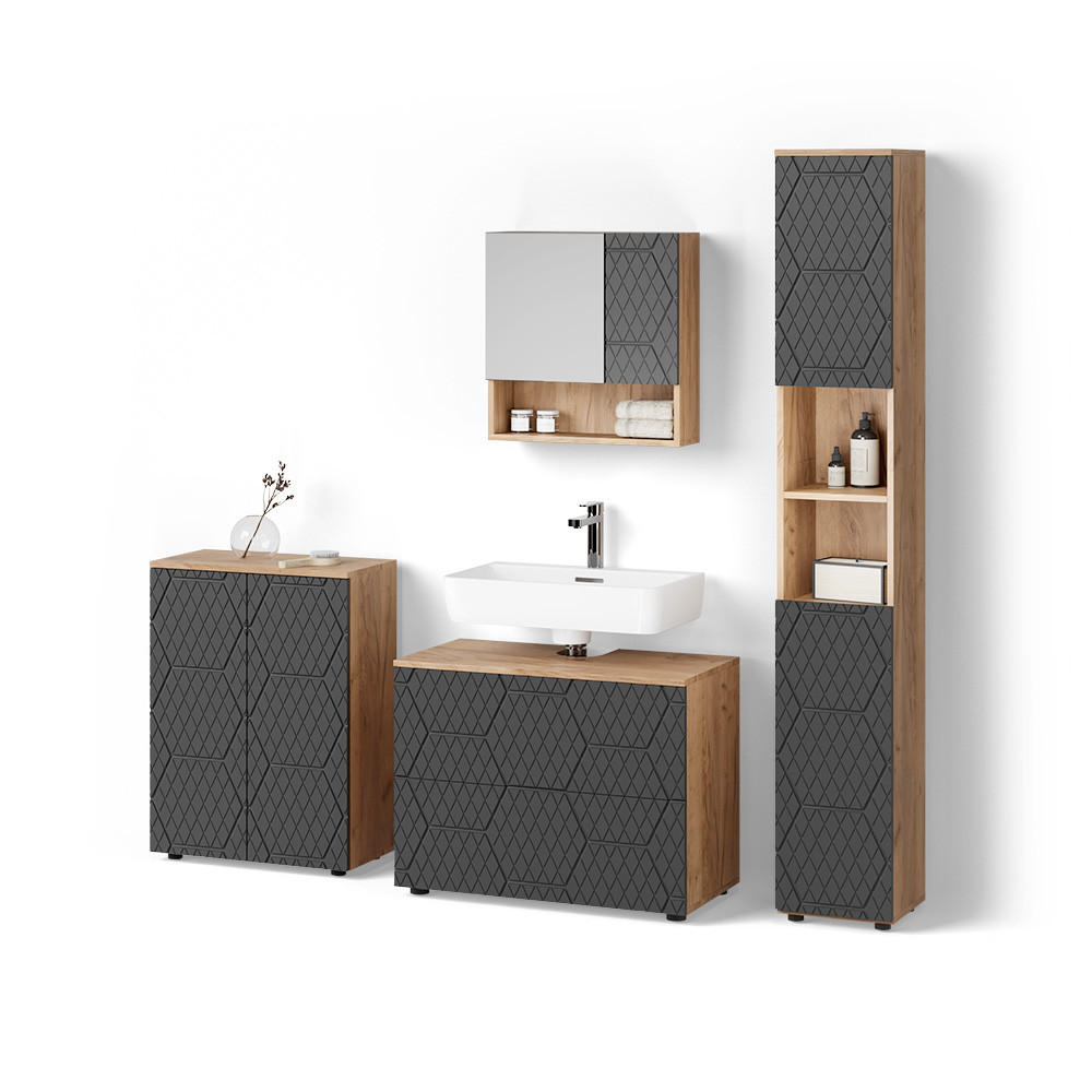 BADMÖBEL-SET Ronco Anthrazit gestreift 4 Teile, mit Schubladenschrank und Midischrank - Honigeiche/Anthrazit, Holzwerkstoff (80/58/41cm) - Livinity®