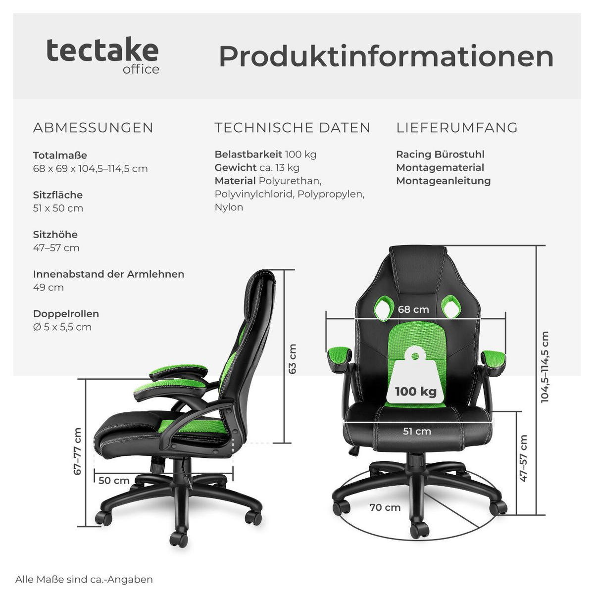 BÜROSTUHL Mike,stufenlos höhenverstellbar,schwarz/grün - Schwarz/Grün, Leder (68/114.5/69cm) - tectake