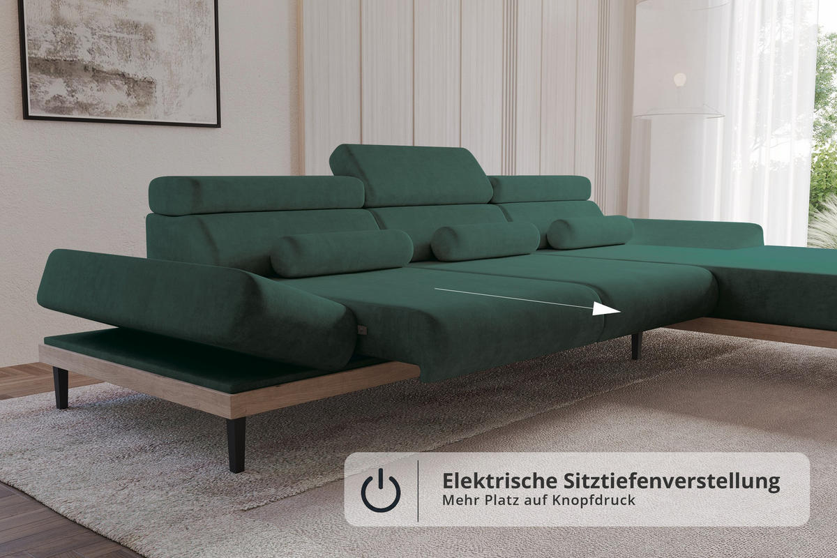 ELEKTRISCHES ECKSOFA Rechts MONA 316x205x85 Grün Velours - Dunkelgrün/Grün, Holzwerkstoff/Textil (316/205cm) - ALTDECOR