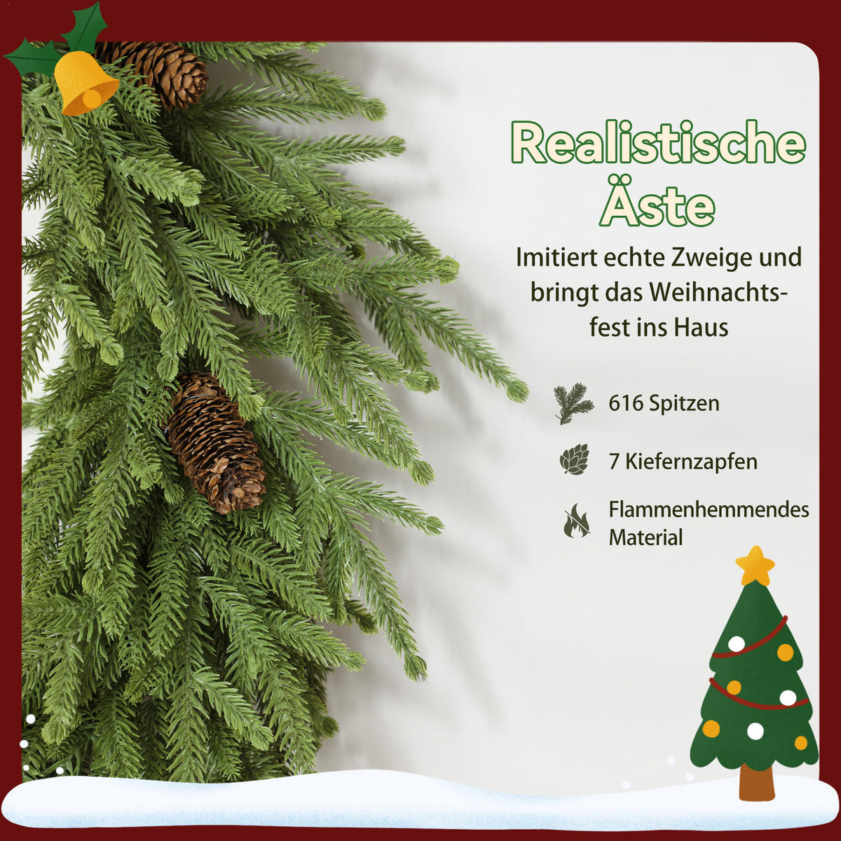 WEIHNACHTSKRANZ mit Zapfen, Türkranz Künstlicher Weihnachtskranz für Tür Grün - Grün, Kunststoff (60/15/60cm) - HOMCOM