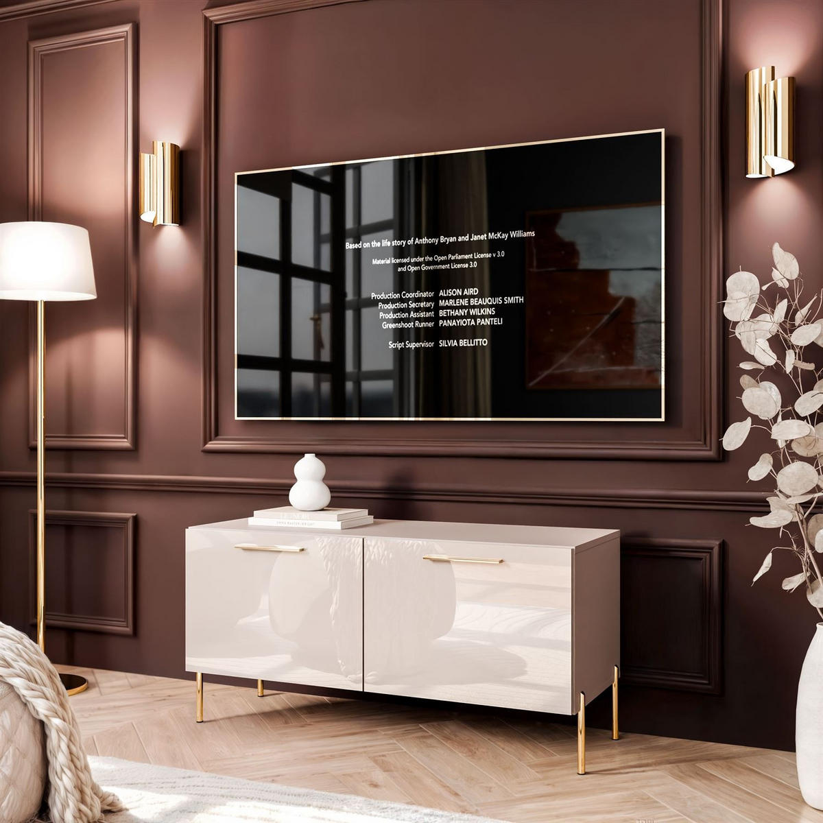 TV-ELEMENT AURA 100 KASCHMIR Hochglanz auf geraden goldenen Beinen - Kaschmir/Schwarz, Holzwerkstoff (100/50/40cm) - Lookway