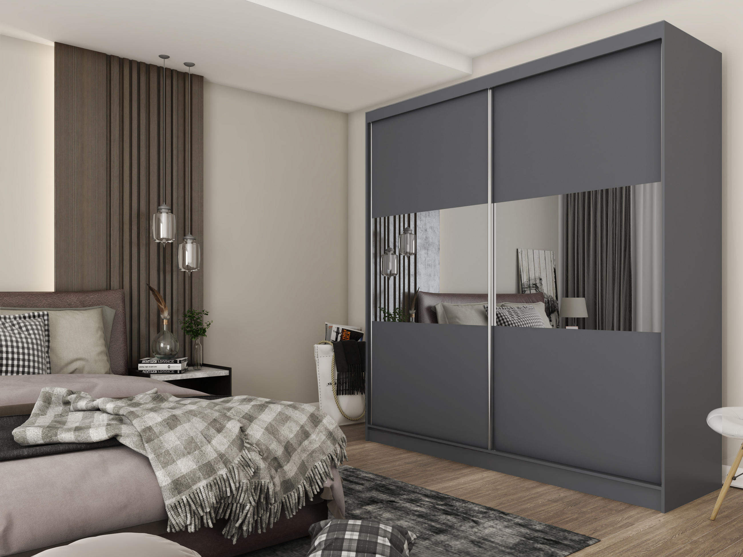 SCHWEBETÜRENSCHRANK ROSALIA 200/216/61 cm 2-türig mit Spiegel Grau - Grau, Holzwerkstoff (200/216/61cm) - MASSENO