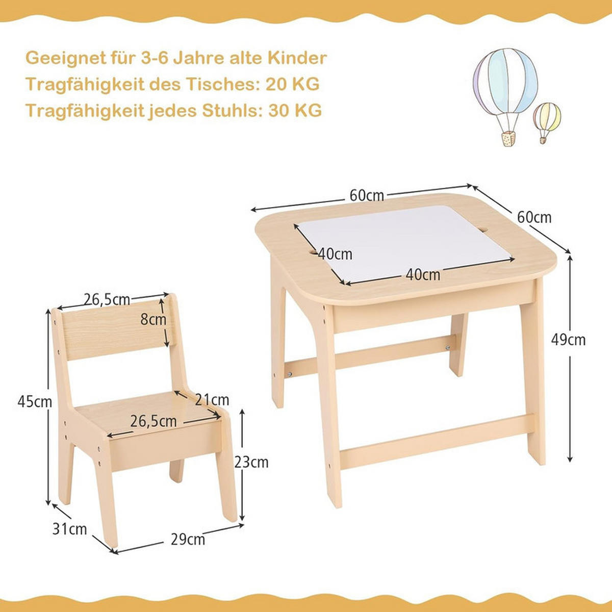 KINDERTISCH mit 2 Stühlen natur (3-tlg) - Naturfarben, Holzwerkstoff (60/49/60cm) - COSTWAY