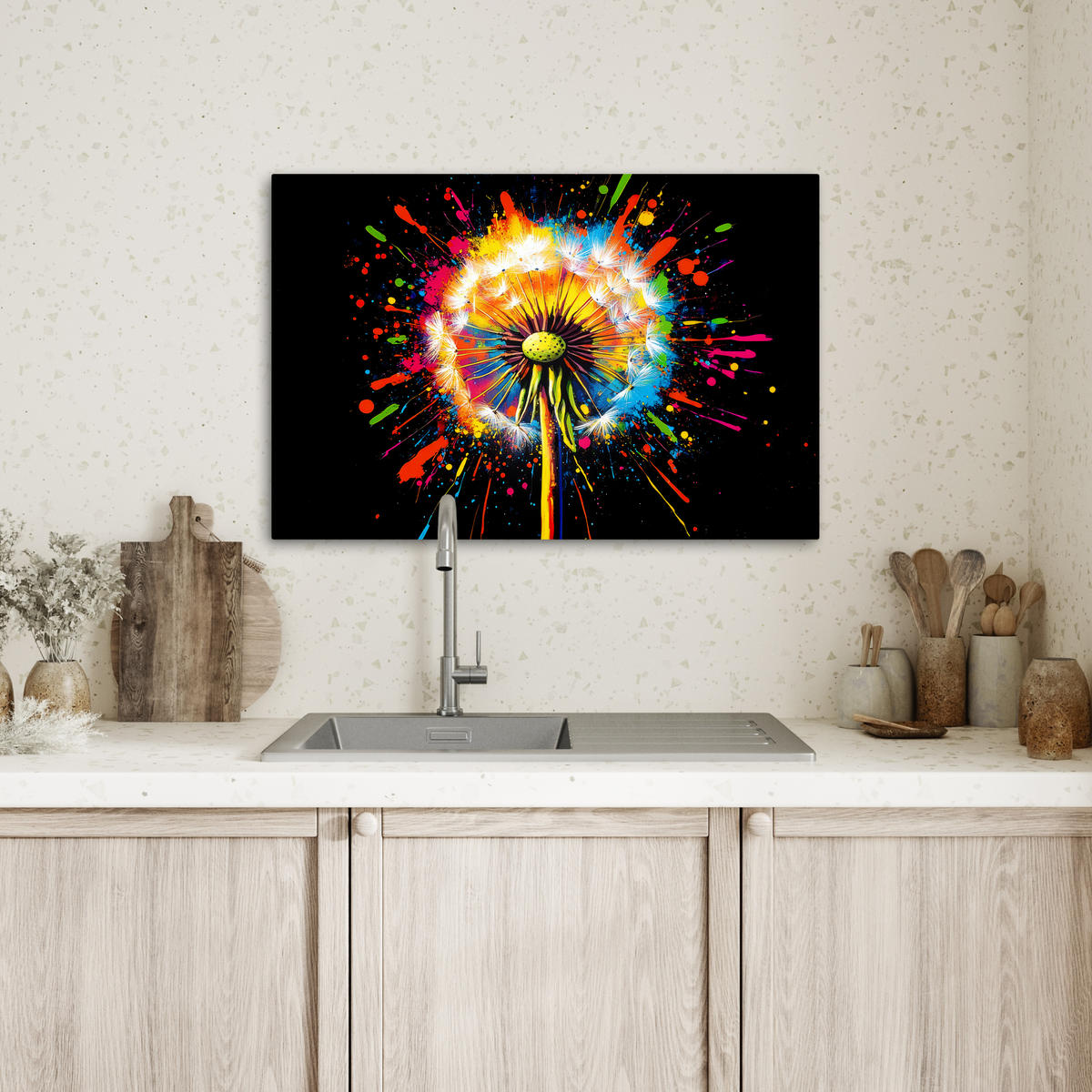 LEINWANDBILD Löwenzahn - Graffiti - Farbenfroh - Blumen - Natur Gemälde 60x40 cm - Multicolor, Textil (60/40cm) - MuchoWow