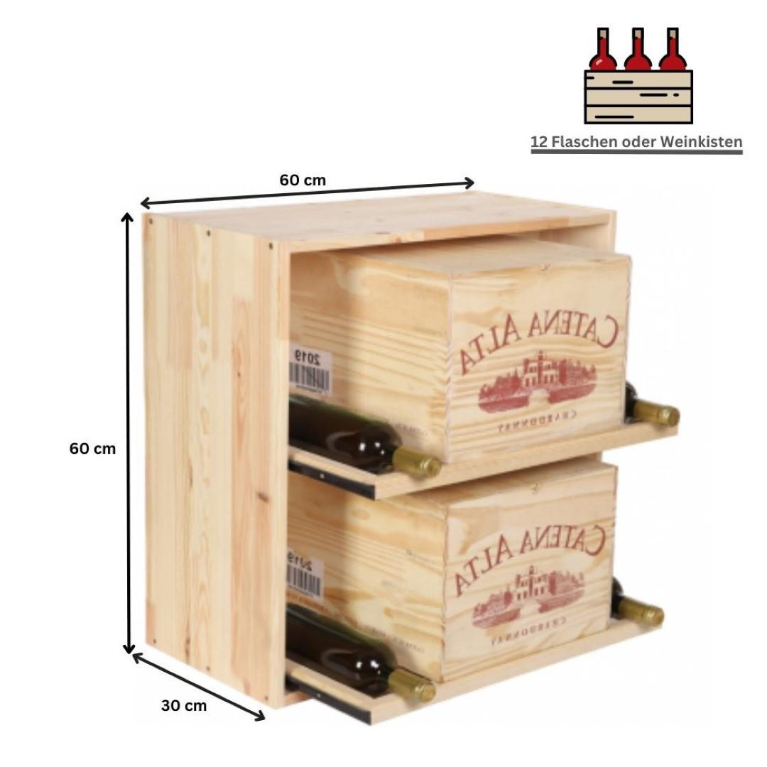 WEINREGAL Vincellar Mod 60x60x30 cm Modul Für 12 Flaschen Oder Weinkisten mit Ausziehbaren Ebenen Massives Kiefernholz Natur - Naturfarben, Holz (60/60/30cm) - PROREGAL