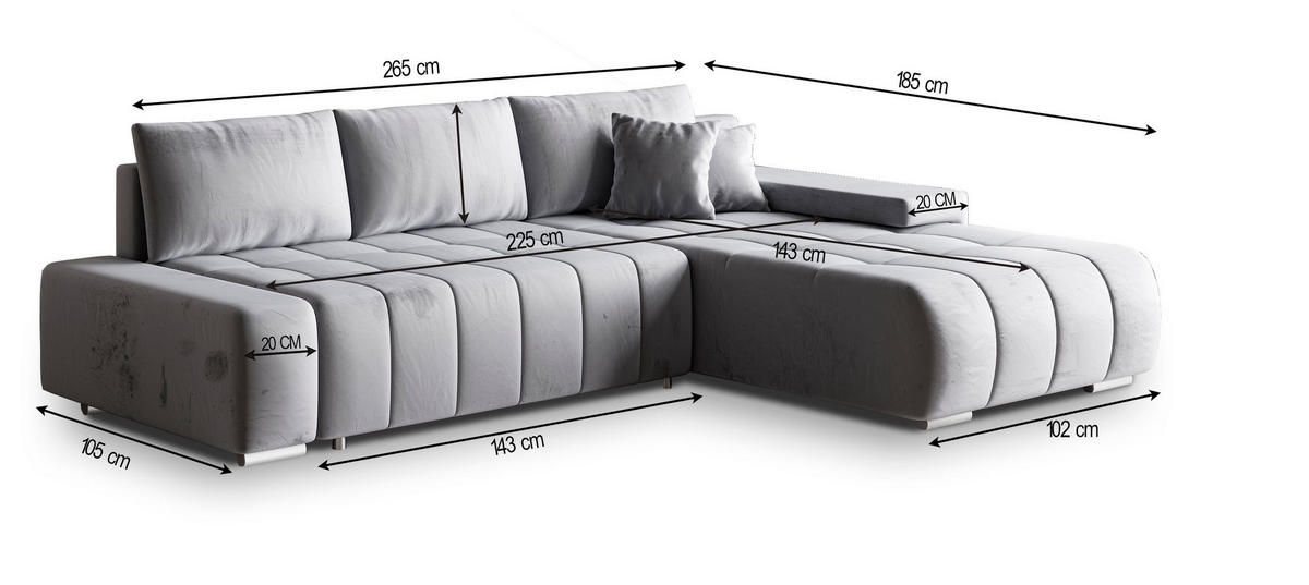 ECKSOFA ALESE R-S Hellgrau Velours-Stoff mit Schlaffunktion - Hellgrau, Holz (265/185cm) - MASSENO