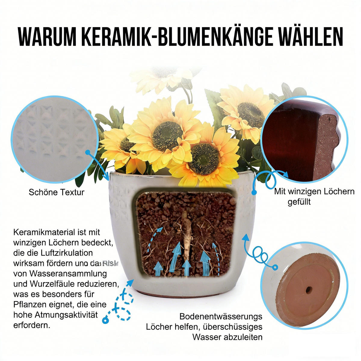 BLUMENTOPF handgemacht & atmungsaktiver Keramikpflanztopf-3er-Set - Weiß, Keramik (38/32cm)