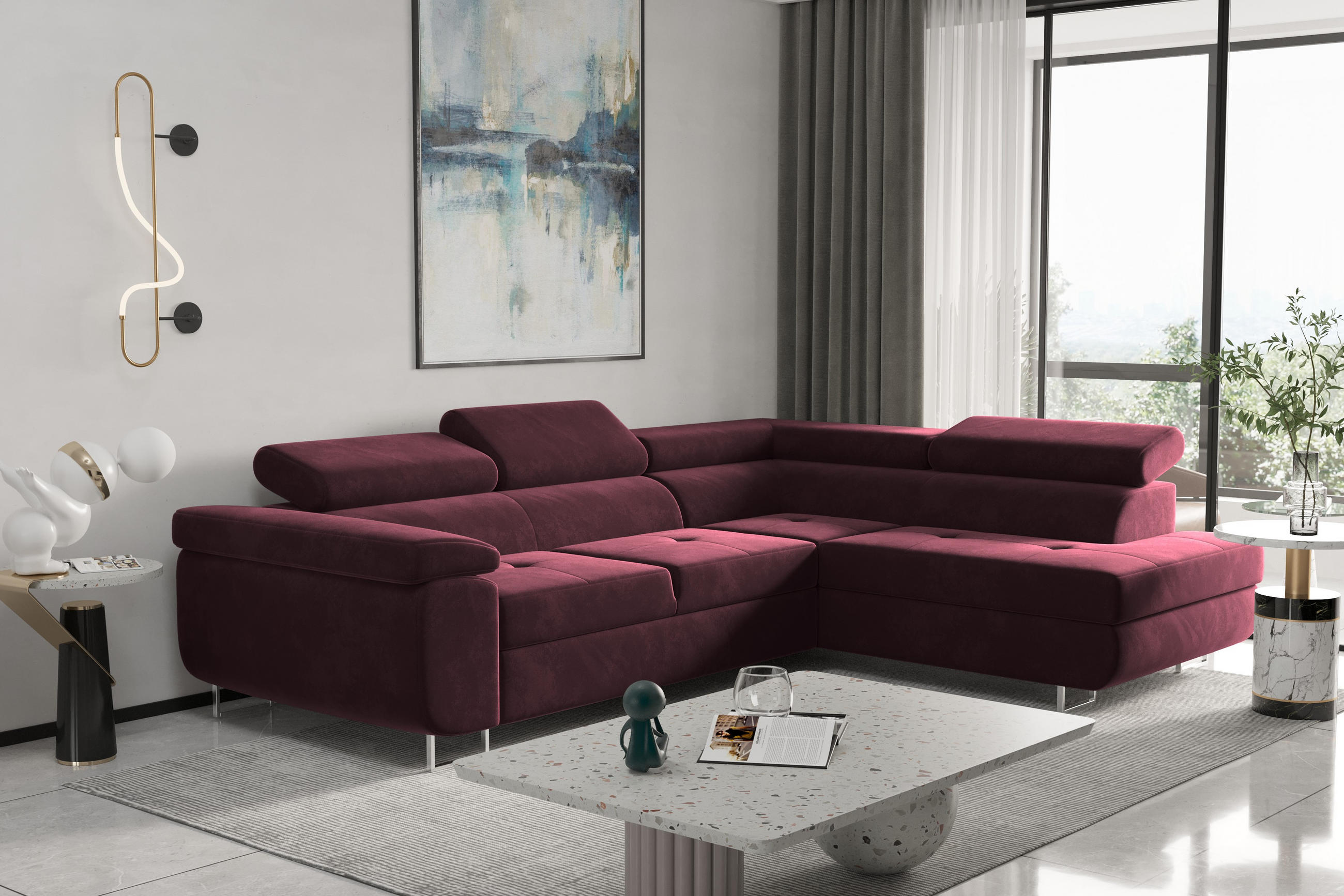 ECKSOFA mit Schlaffunktion und Bettkasten ATOM Rotwein Rechts - Dunkelrot, Holz/Textil (275/202cm) - Kaiser Möbel