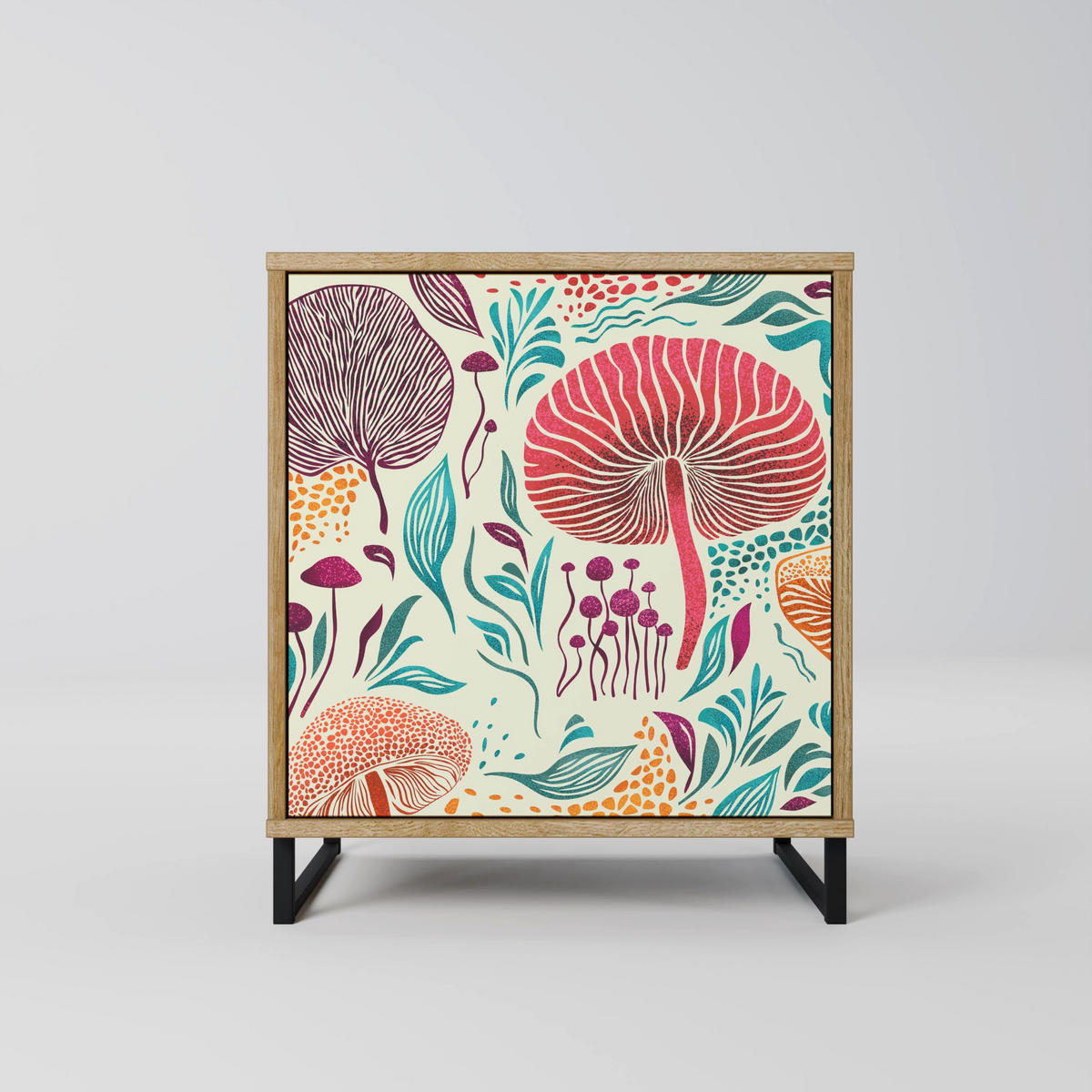 SIDEBOARD FUNGUS FANTASY, Eichefarben, 57,5x42x72,5 cm, Schwarze Metallfüße - Eichefarben/Multicolor, Holzwerkstoff/Metall (57.5/72.5/42cm) - SpaceRebels