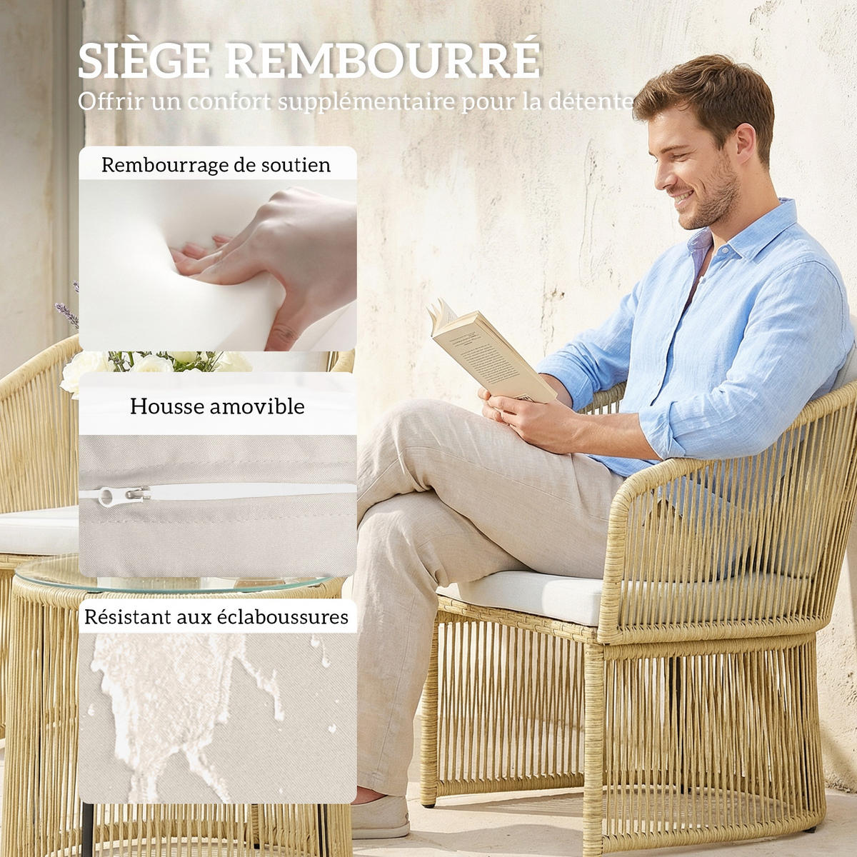 BISTROTSET 3tlg DE-13694 mit Glastisch und Polsterkissen Creme - Creme, Metall - ComfortXL