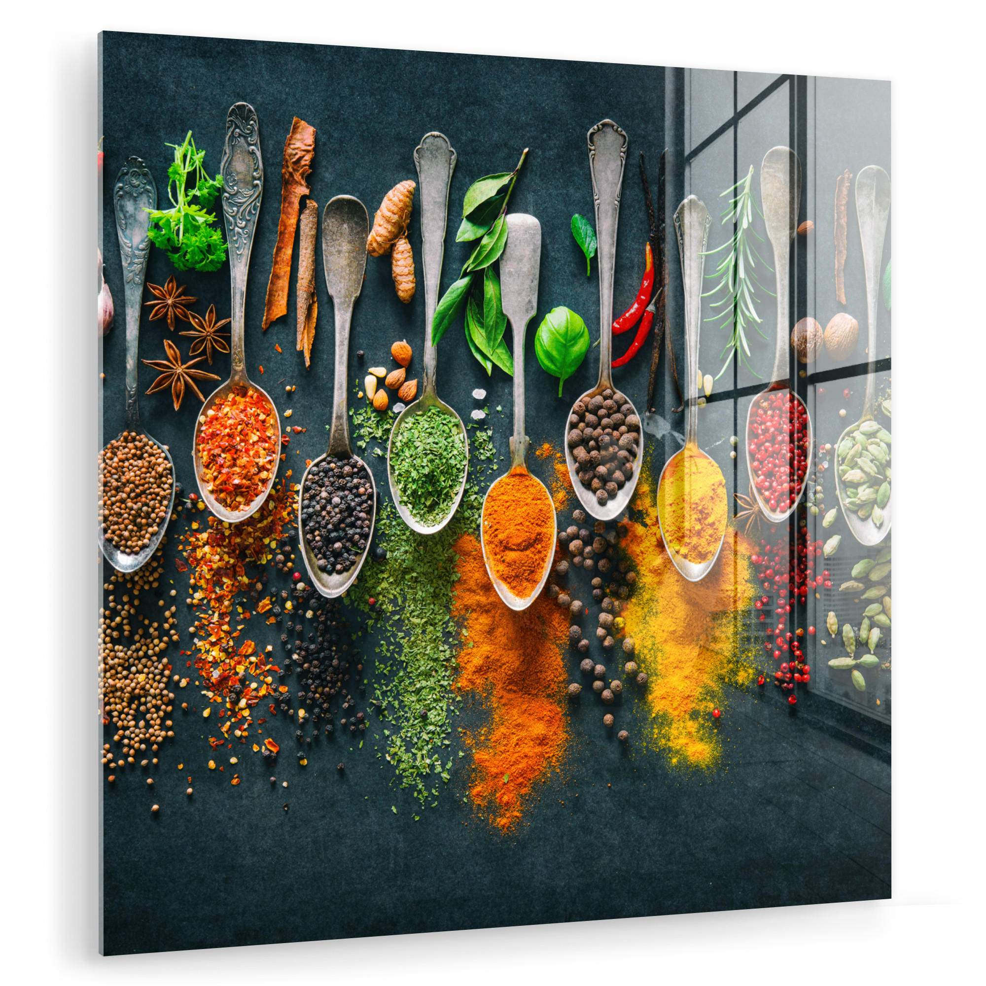 ACRYLGLASBILD Kräuter - Gewürze - Löffel 90x90 cm - Currygelb, Glas (90/90cm) - MuchoWow