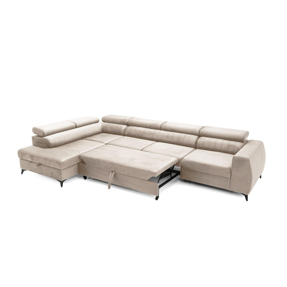 ECKSOFA PIERO MAXI Links mit Schlaffunktion 195x125 Velours Beige - Beige/Schwarz, Holz/Textil (350/203cm) - Muffo