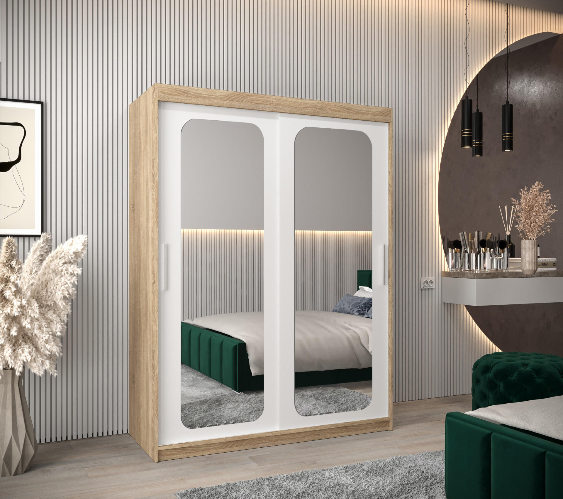 SCHWEBETÜRENSCHRANK 200/150/62 2-türig - Silberfarben/Weiß, Holz/Kunststoff (150/200/62cm) - Abiks Möbel