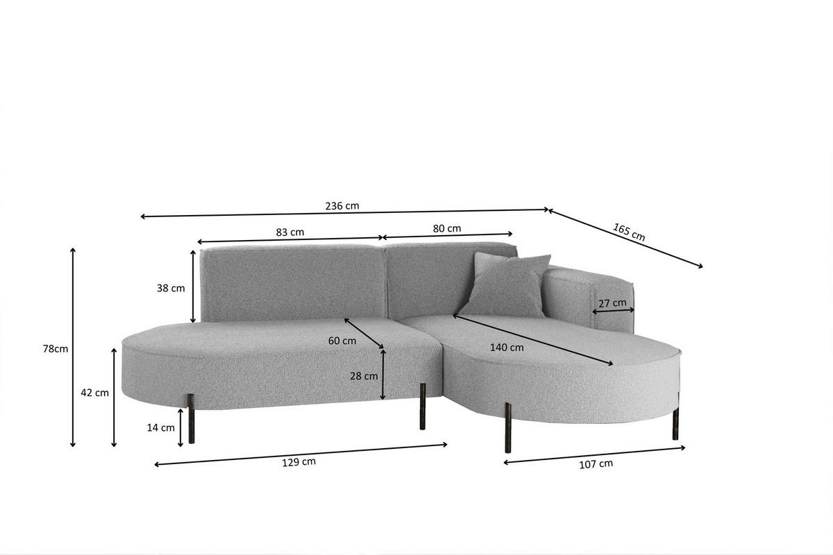 ECKSOFA L-Form Designer Modena Rein Stoff Quelle Grau Rechts - Grau, Holz/Textil (236/165cm) - Kaiser Möbel