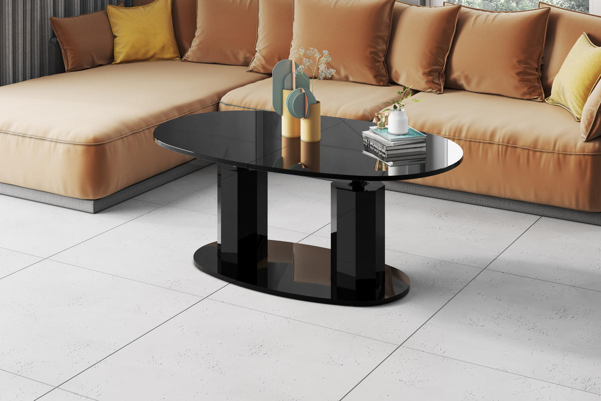 COUCHTISCH Schwarz Hochglanz oval ausziehbar höhenverstellbar - Schwarz Hochglanz, Holzwerkstoff (80/130/54cm) - designimpex