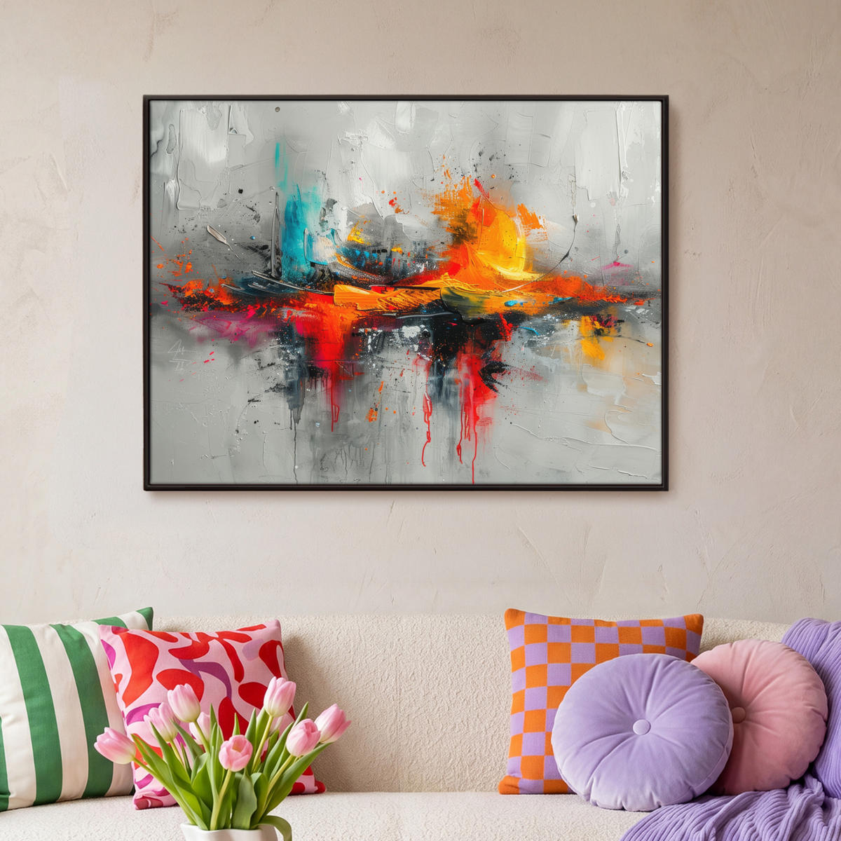 LEINWAND Bilder mit Rahmen - Moderne Kunst - Orange - Grau - Abstrakt - 100x70 - Hellgrau, Textil (100/70cm) - MuchoWow
