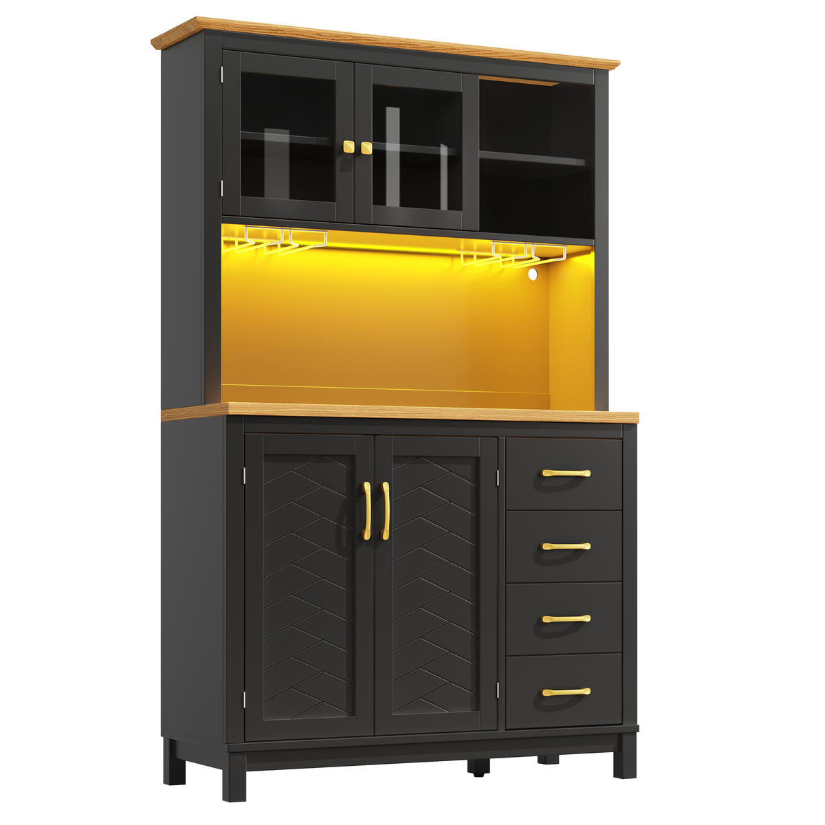 GESCHIRRSCHRANK aus MDF 105.5x40x180cm in Schwarz mit LED-Lichtleiste - Schwarz, Holzwerkstoff (105.5/180/40cm) - Modfu