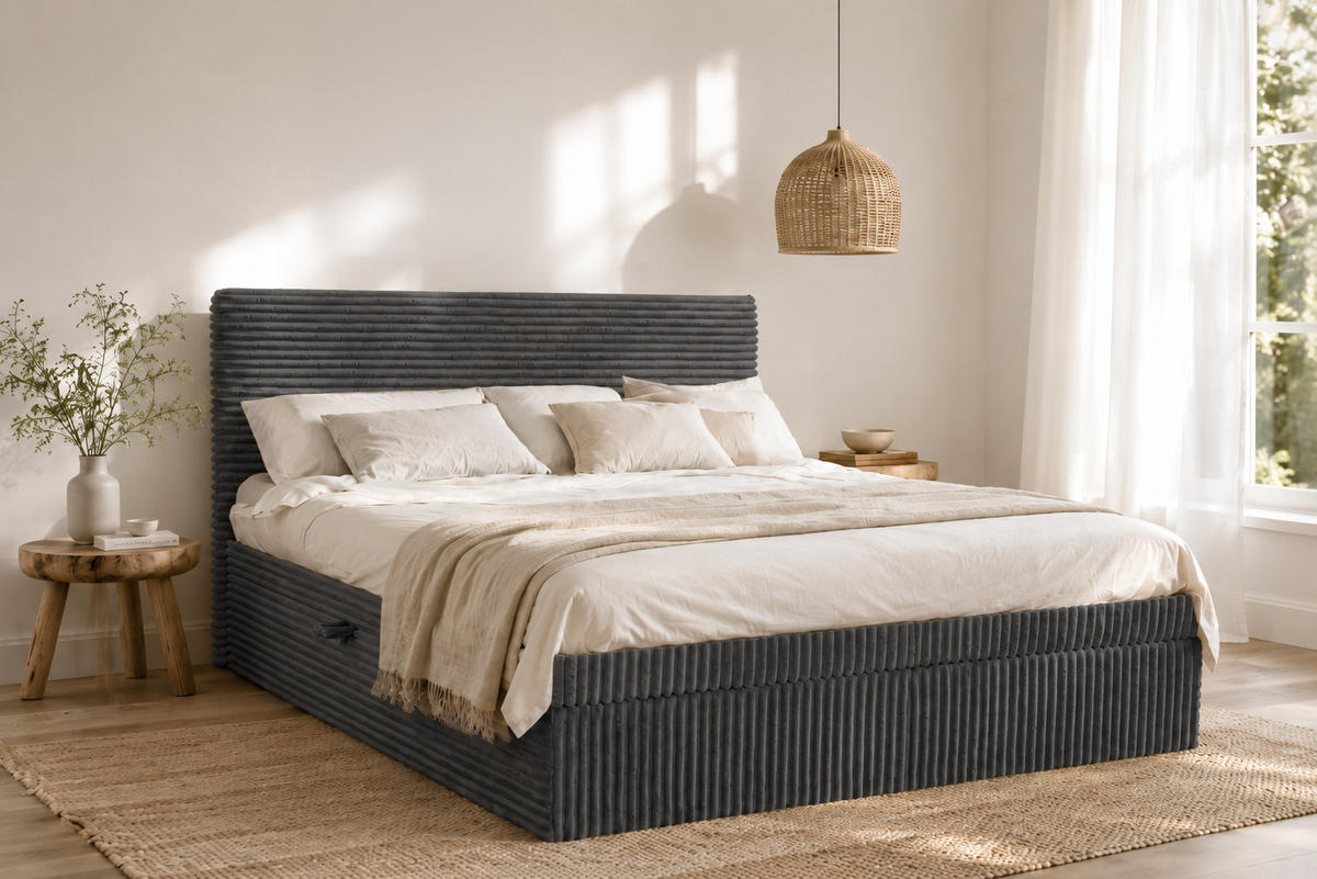 BOXBETT Bettkasten Und Topper TRENTO Ohne Bein Stoff Plüsch Cord 200x200 cm Graphit H2-Pocket - Graphitfarben, Holz/Textil (200/200cm) - Kaiser Möbel