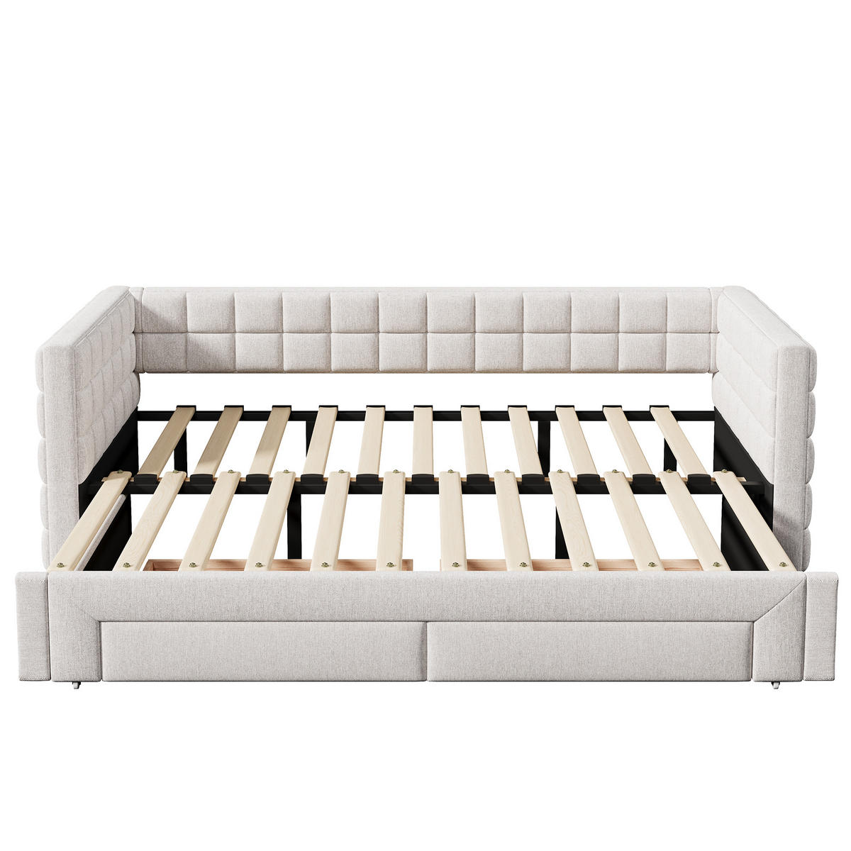TAGEBETT 90x200cm Beige quadratische Rückenlehne Ausziehbett 2 Schubladen - Beige, Holz (90/200cm) - FLIEKS