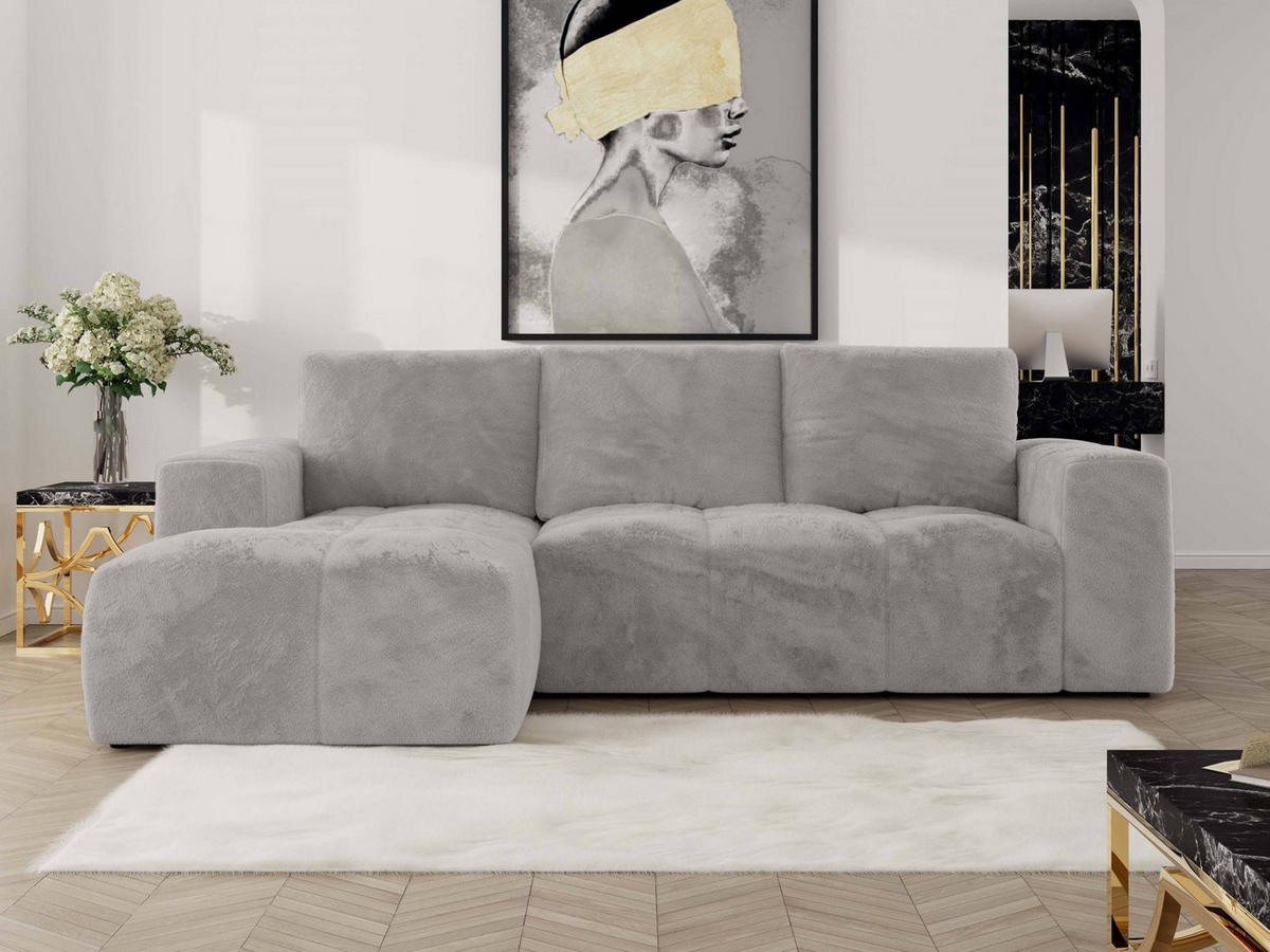 ECKSOFA MONIVA Hellgrau Plüsch - Links - Hellgrau/Schwarz, Textil (164/266cm) - MKS